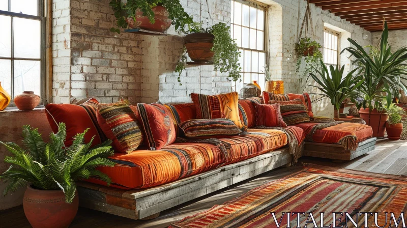 Cozy Living Room with Orange Patterned Sofa and Rustic Charm AI Image
