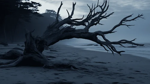 Haunting Image of a Dead Tree on a Gray and Black Beach