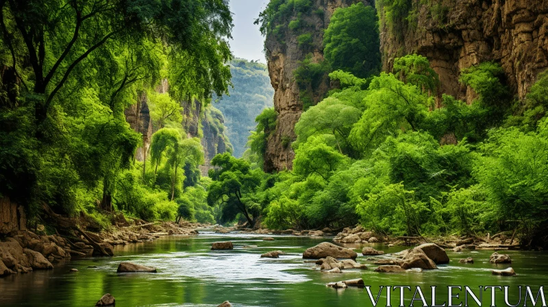 AI ART Serene River in Green Mountains - Traditional Chinese Landscape