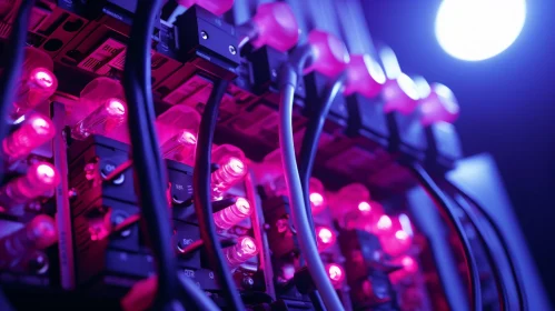 Server Rack Close-Up: Pink-Lit Technology Infrastructure