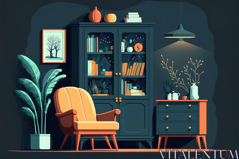 Stylish Apartment with Furniture and Books | Dark Emerald and Orange AI Image