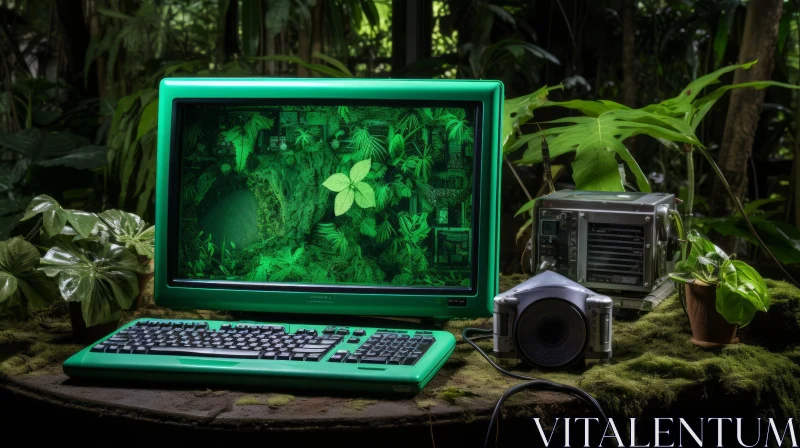 Vintage Green Computer and Camera in Mossy Jungle Setting AI Image