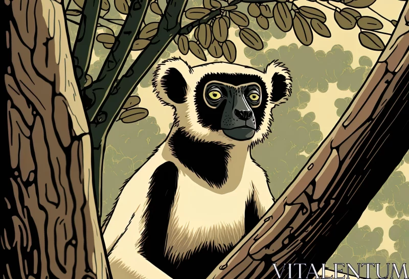 Captivating Black and White Lemur Illustration in Editorial Style AI Image