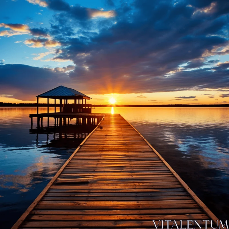 Captivating Sunset: Wooden Pier Leading into Tranquil Lake AI Image