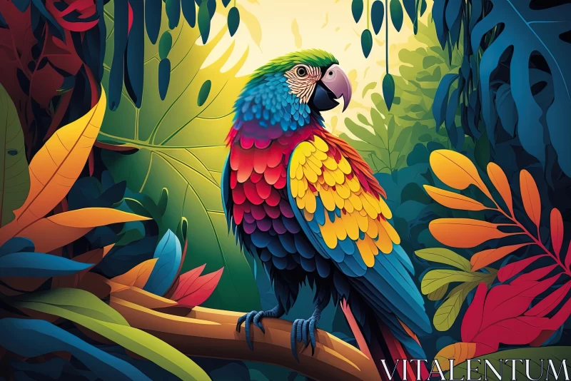 Colorful Parrot in Jungle: Detailed Illustration with Vibrant Colors AI Image