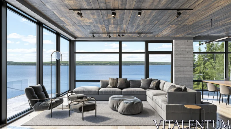Contemporary Living Room with Artistic Touch | Serene Lake View AI Image