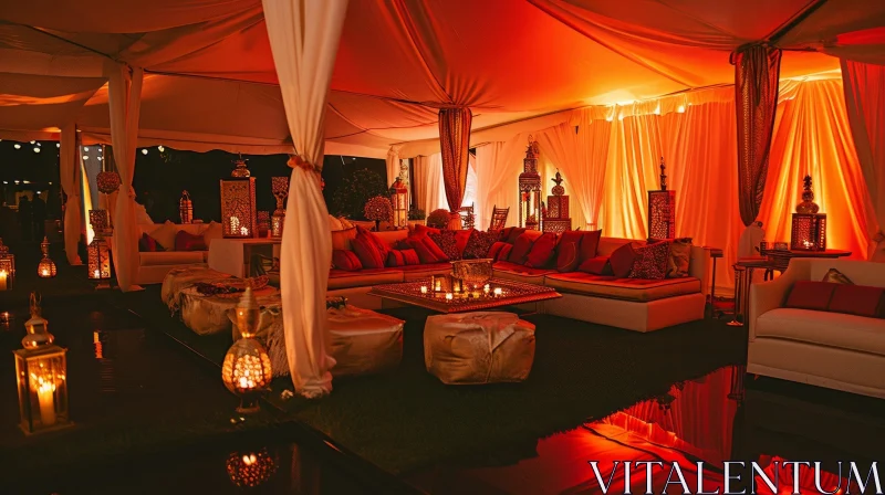 Elegant Tent with Red and White Drapery and Cozy Seating Area AI Image