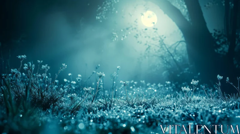 Enchanting Night Landscape with Full Moon and Field of Grass and Flowers AI Image