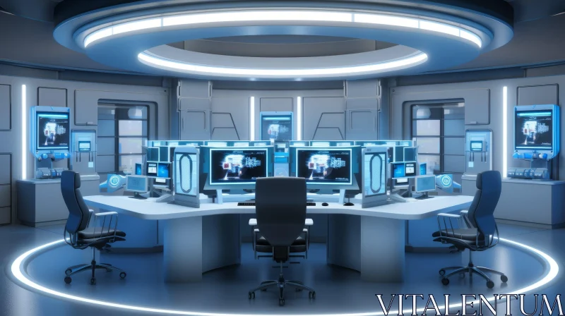 Futuristic Control Room with Computer Consoles and Blue Lights AI Image