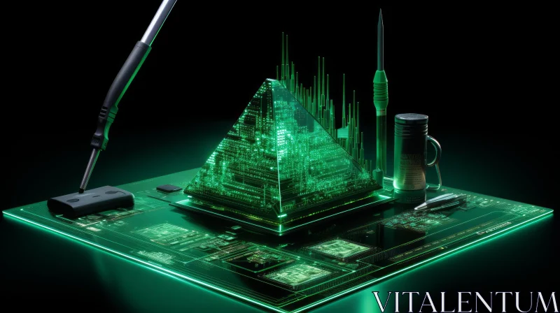 Green Circuit Board Pyramid - Futuristic 3D Illustration AI Image