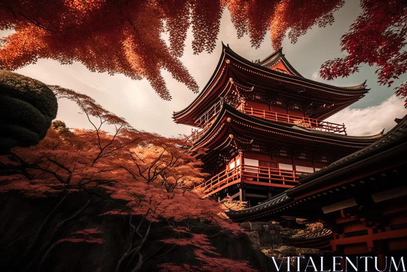 Japanese Pagoda in the Enchanting Forest of Red Trees AI Image