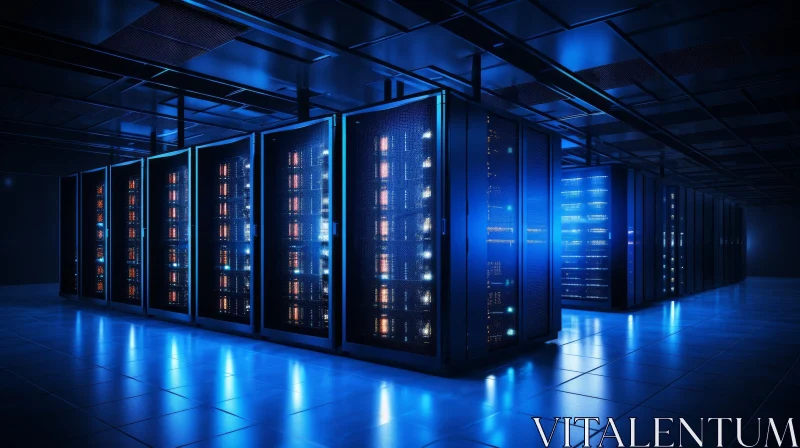Modern Data Center with Servers and Blue Light AI Image