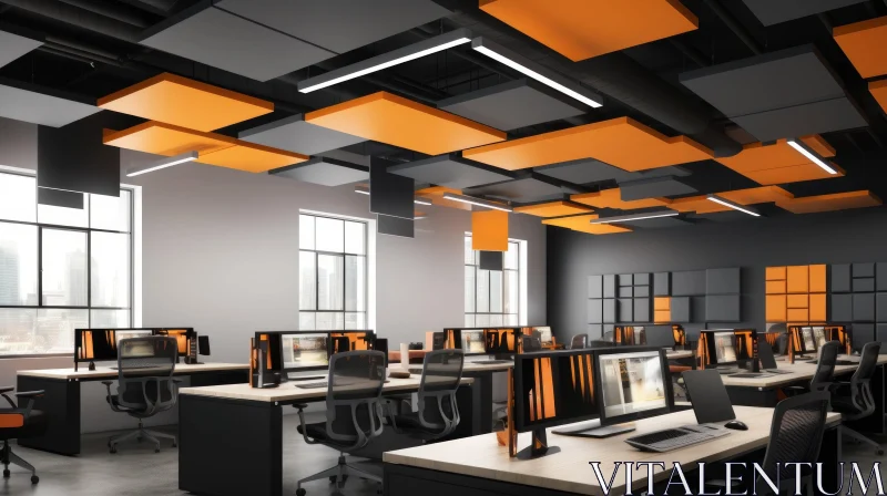Modern Office Interior Design with Geometric Ceiling AI Image