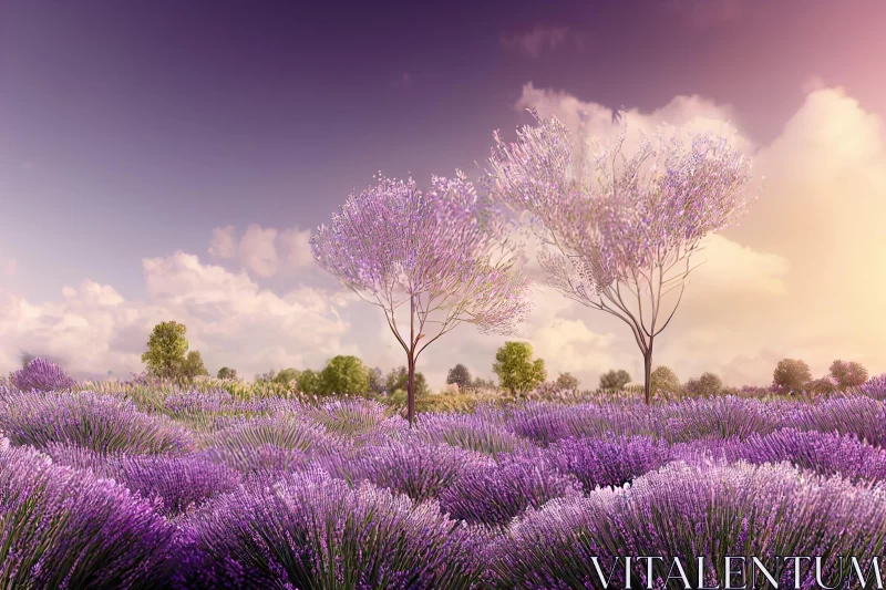 Romantic Lavender Field with Hyper-Detailed Trees | Nature Art AI Image