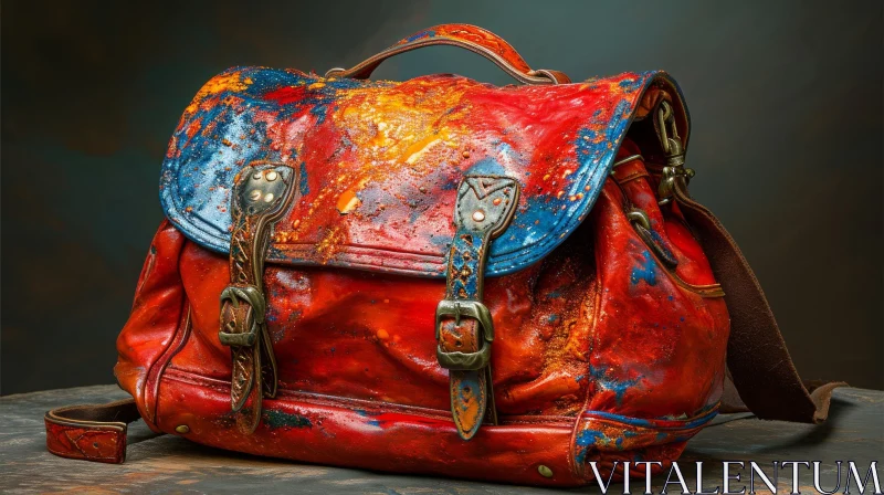 Stylish Red Leather Bag with Colorful Paint Splatters on Wooden Table AI Image
