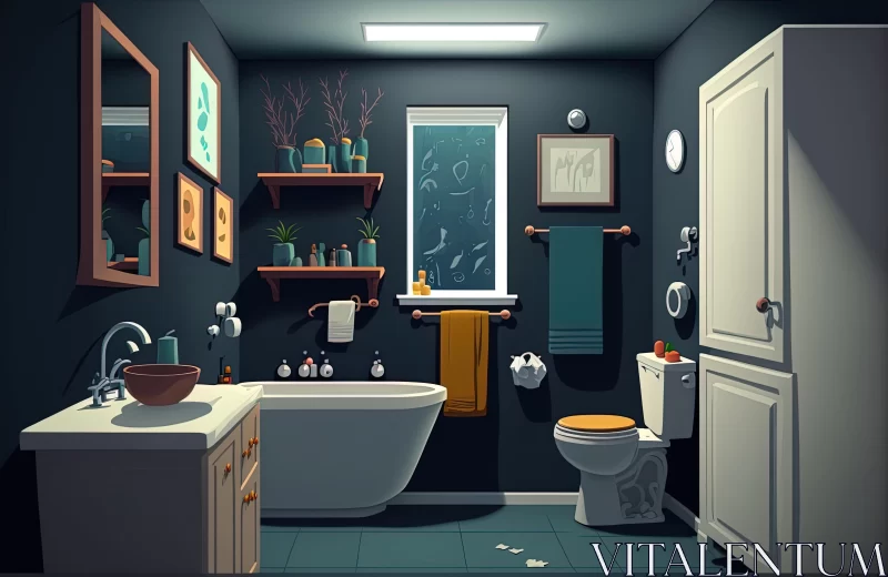 Cartoon Bathroom with Sink, Toilet, and Dark Moody Landscapes - 2D Game Art AI Image