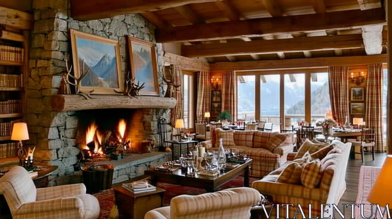 Cozy and Rustic Living Room with Fireplace and Mountain Landscape Painting AI Image
