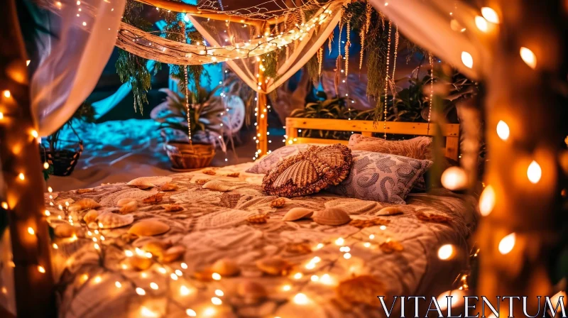 Cozy Bedroom with Seashells and Fairy Lights AI Image