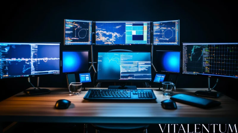 Dark Wood Computer Desk with Multiple Monitors AI Image