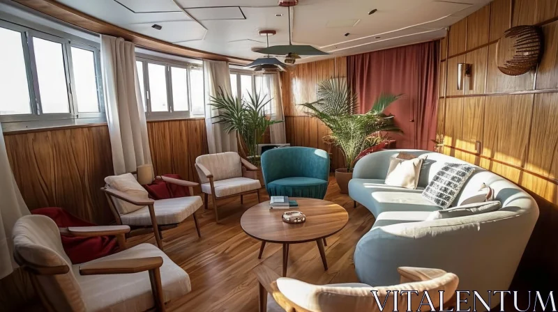 AI ART Elegant Mid-Century Modern Living Room with Curved Sofa