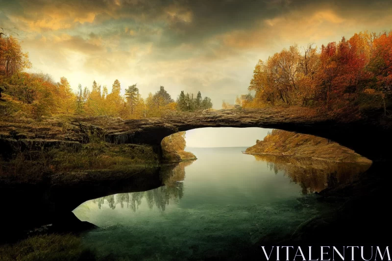 Enchanting Rock Bridge Over a Serene Lake in Autumn AI Image