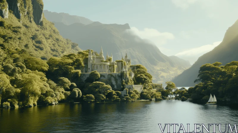 Majestic Castle Amidst Lake and Mountains | Cinema4d Rendered Art AI Image