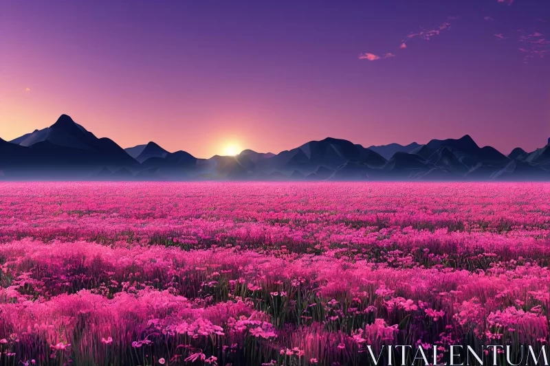 Mesmerizing Pink Flowers at Sunset in the Mountains AI Image