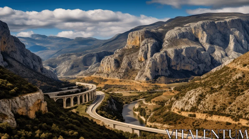 Tranquil Mountain Scene: A Highway Carrying a Train through Majestic Mountains AI Image