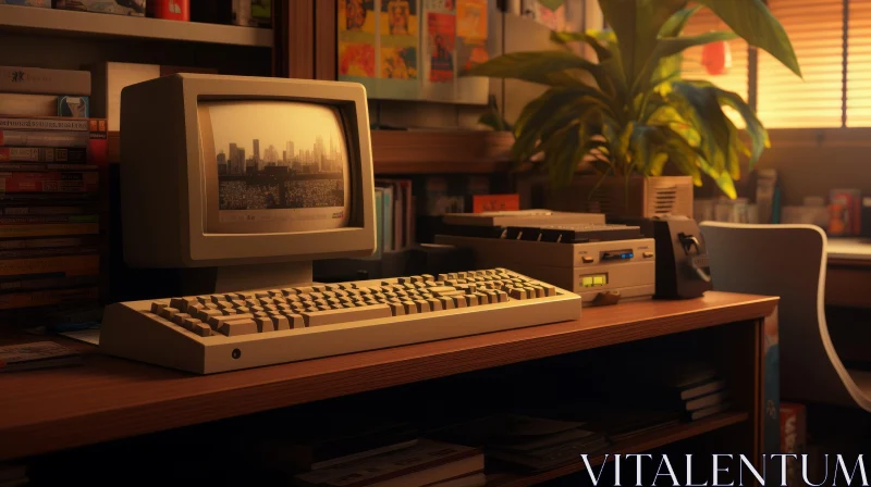Vintage Computer on Wooden Desk - Cityscape Display AI Image