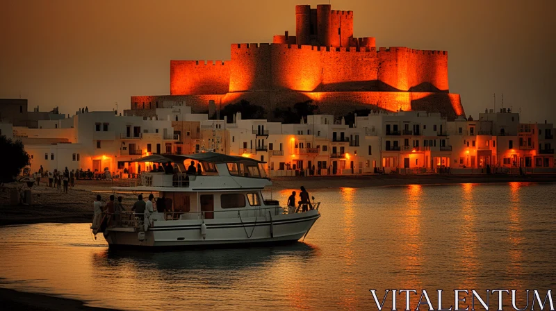 Boat on Water Near Castle at Dusk - Captivating Mediterranean Landscape AI Image