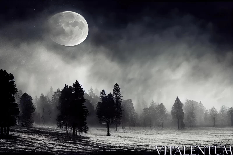 Captivating Black and White Full Moon on Snowy Landscape AI Image