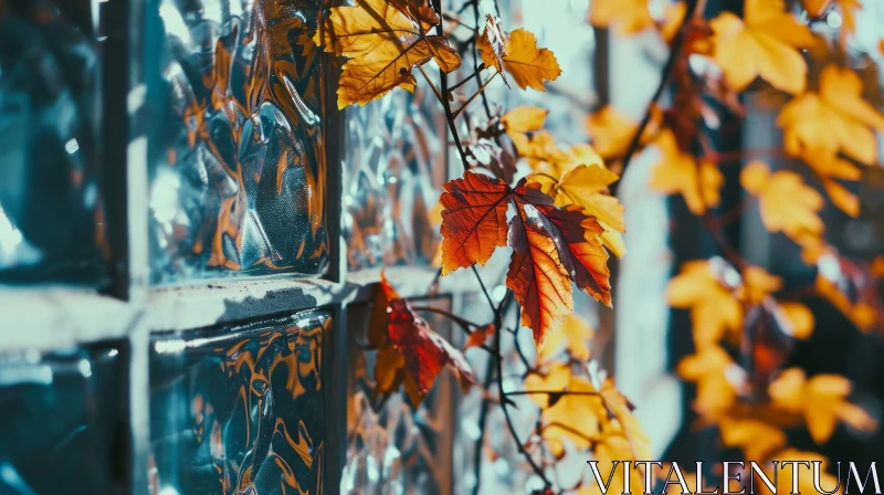Close-Up of Vine with Red and Yellow Leaves on Glass Wall AI Image