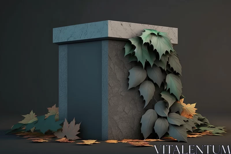 Dark Gray and Azure 3D Model of a Column with Leaves | Moody Still Life AI Image