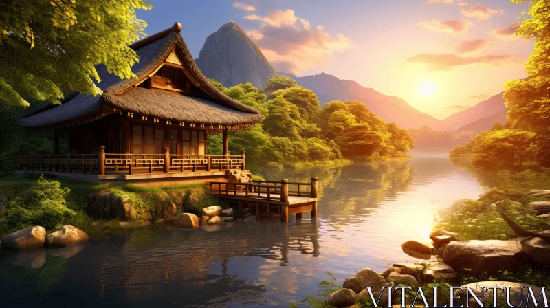 Tranquil Serenity: Japanese-inspired Wooden Architecture Wallpaper AI Image