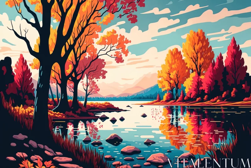 Vibrant Autumn Landscape Painting with Trees and River AI Image