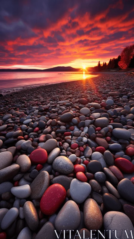 Captivating Red and Yellow Stones on the Shore at Sunset AI Image