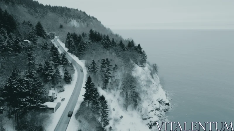 Captivating Road Through Snowy Landscape on a Cliff | Monochromatic Imagery AI Image