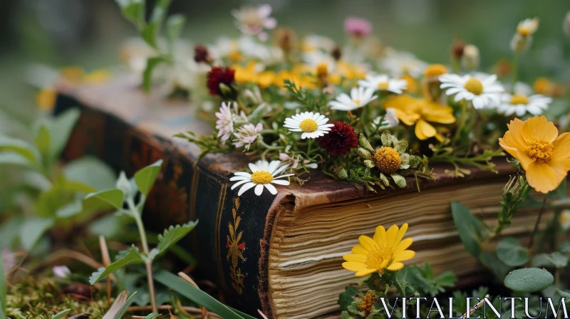 Enchanting Still Life: Vibrant Flowers and an Old Book AI Image