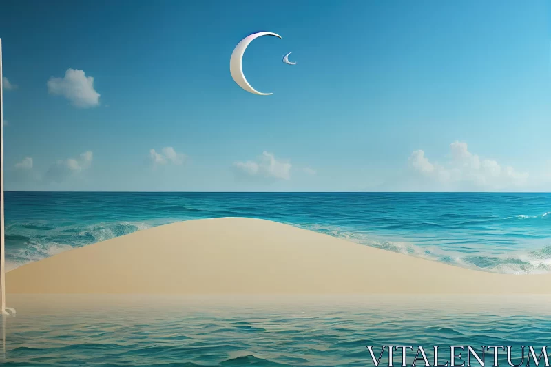 Moon Over Water: Surrealistic Composition in Light Beige and Turquoise AI Image