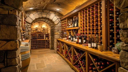 Rustic Wine Cellar with Wooden Rack and Stone Walls