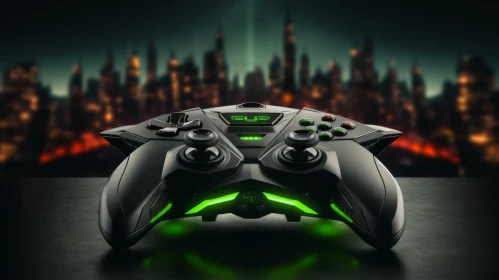 Sleek Black Video Game Controller with Green Lights on City Night Background