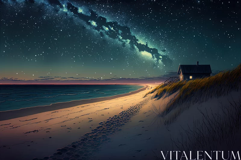 Starry Beach House: A Mesmerizing Coastal Landscape AI Image