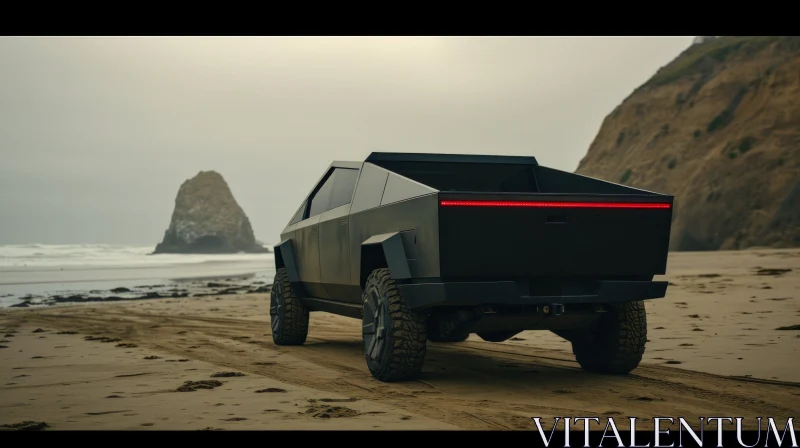 Black Tesla Cybertruck Driving on a Beach - Futuristic Transport AI Image