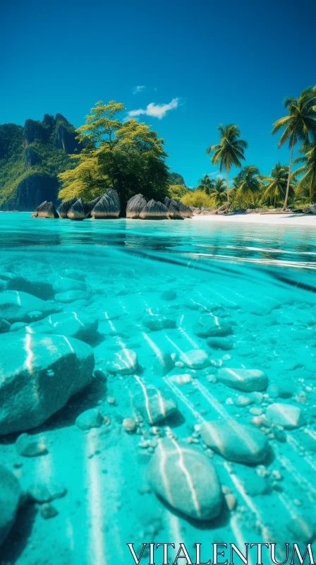 Blue Transparent Water with Rocks and Coconut Trees - Captivating Nature Photography AI Image