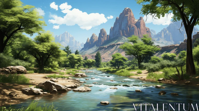 Captivating Digital Painting of a Serene River in a Canyon AI Image