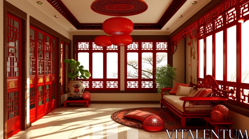 Elegant Traditional Chinese Living Room | Red and Gold Decor AI Image