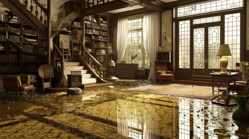 Flooded Library: A Luxurious and Mysterious Scene