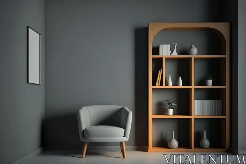 Gray Arm Chair and Shelves in a Strong Contrast Interior AI Image