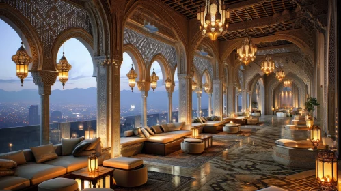 Luxurious Hotel Lobby with Breathtaking City Skyline View
