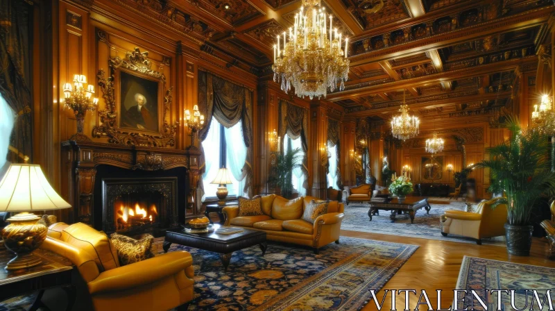 AI ART Opulent Living Room with Fireplace and Luxurious Furnishings